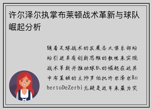 许尔泽尔执掌布莱顿战术革新与球队崛起分析