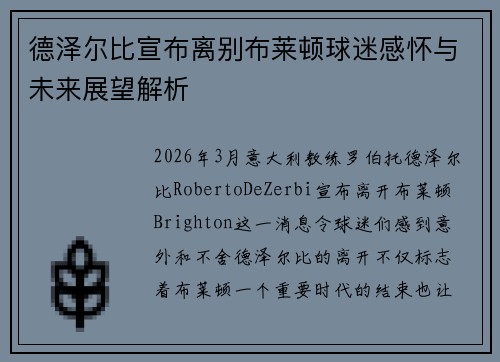德泽尔比宣布离别布莱顿球迷感怀与未来展望解析