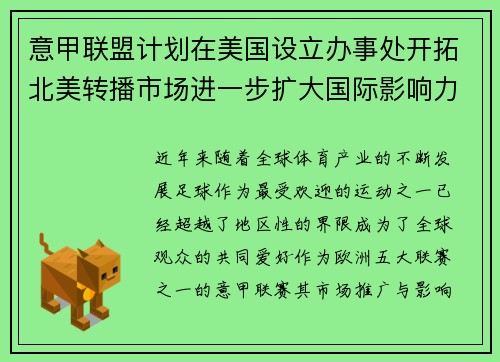 意甲联盟计划在美国设立办事处开拓北美转播市场进一步扩大国际影响力